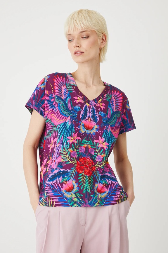 T-shirt bawełniany damski z elastanem wzorzysty kolor multicolor z elastanem multicolor RS25-TSDA05