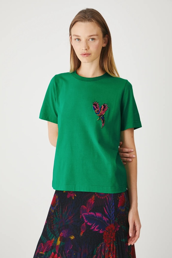 T-shirt bawełniany damski z elastanem z ozdobnym haftem kolor zielony RS25.TSDA07 zielony RS25