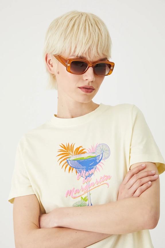 T-shirt bawełniany damski z efektem sprania kolor żółty żółty RS25-TSDB03