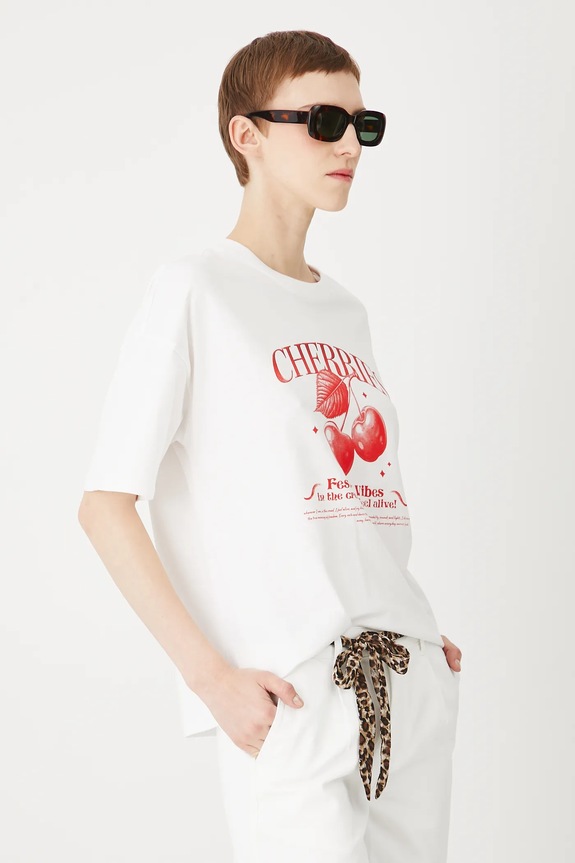 T-shirt bawełniany damski z nadrukiem kolor biały okrągły biały RS25-TSDB04