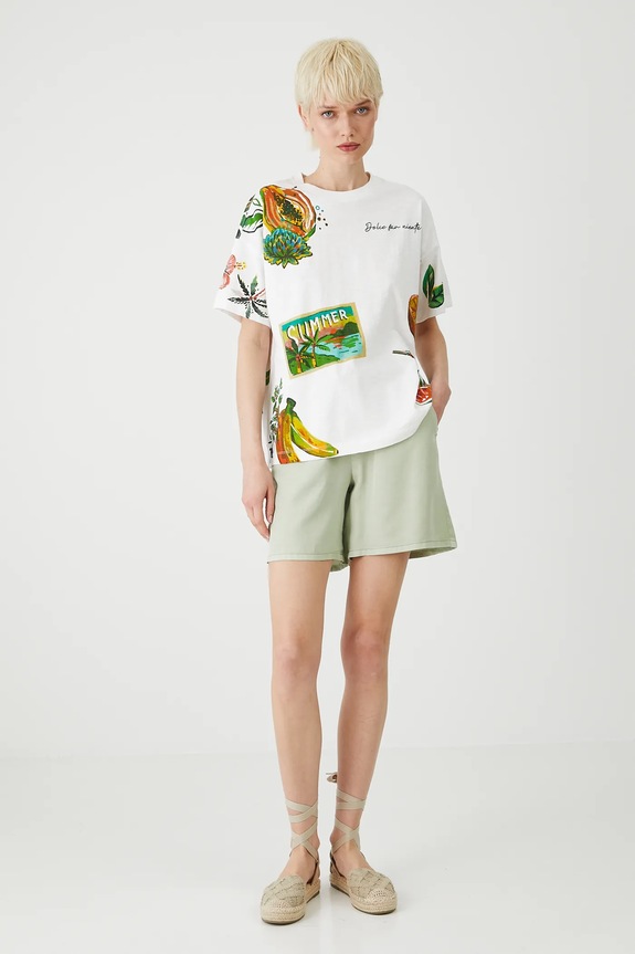 Bavlněné tričko dámské s potiskem a výšivkou bílá barva relaxed bílá RS25-TSDB06