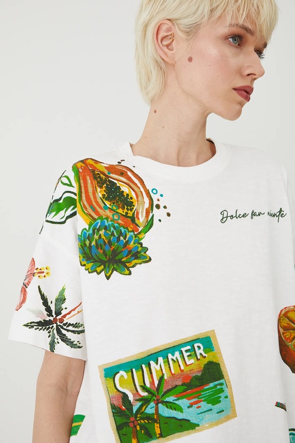 Bavlněné tričko dámské s potiskem a výšivkou bílá barva RS25-TSDB06 bílá