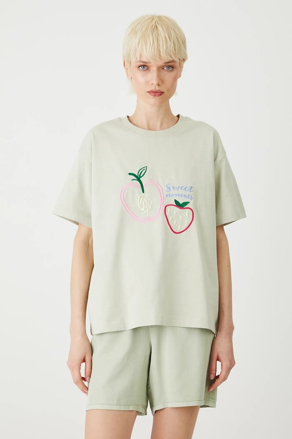 T-shirt bawełniany damski z ozdobnym haftem kolor zielony bawełna zielony RS25-TSDB08