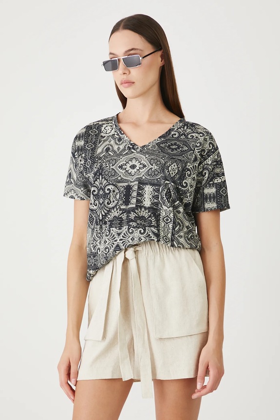 T-shirt bawełniany damski z elastanem wzorzysty kolor czarny wzorzyste czarny RS25-TSDB13