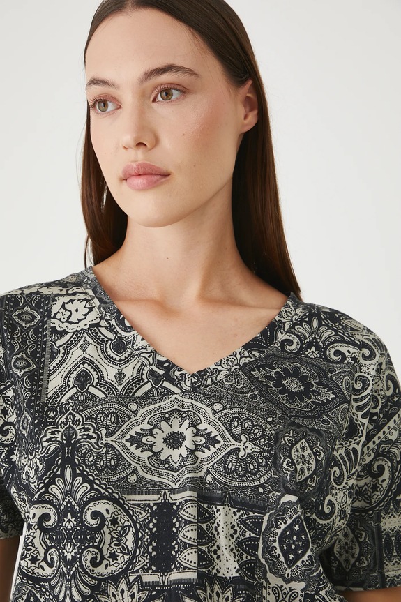 T-shirt bawełniany damski z elastanem wzorzysty kolor czarny czarny RS25-TSDB13