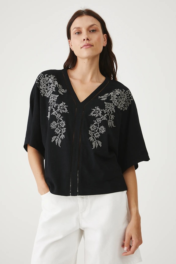 T-shirt bawełniany damski z ozdobną aplikacją kolor czarny aplikacja czarny RS25-TSDB18