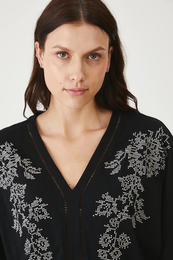 T-shirt bawełniany damski z ozdobną aplikacją kolor czarny czarny RS25-TSDB18