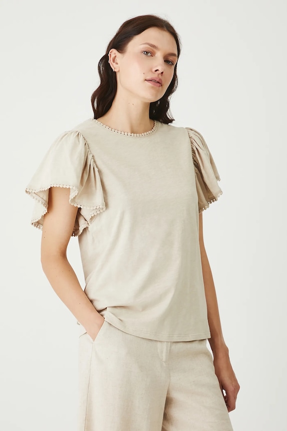 T-shirt bawełniany damski z ozdobną aplikacją kolor beżowy bawełna beżowy RS25-TSDB19