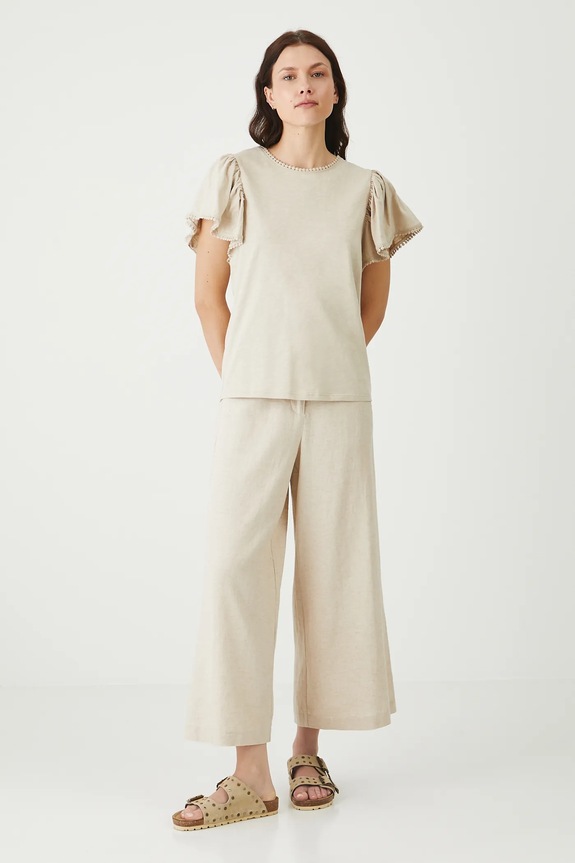 T-shirt bawełniany damski z ozdobną aplikacją kolor beżowy RS25-TSDB19 beżowy RS25