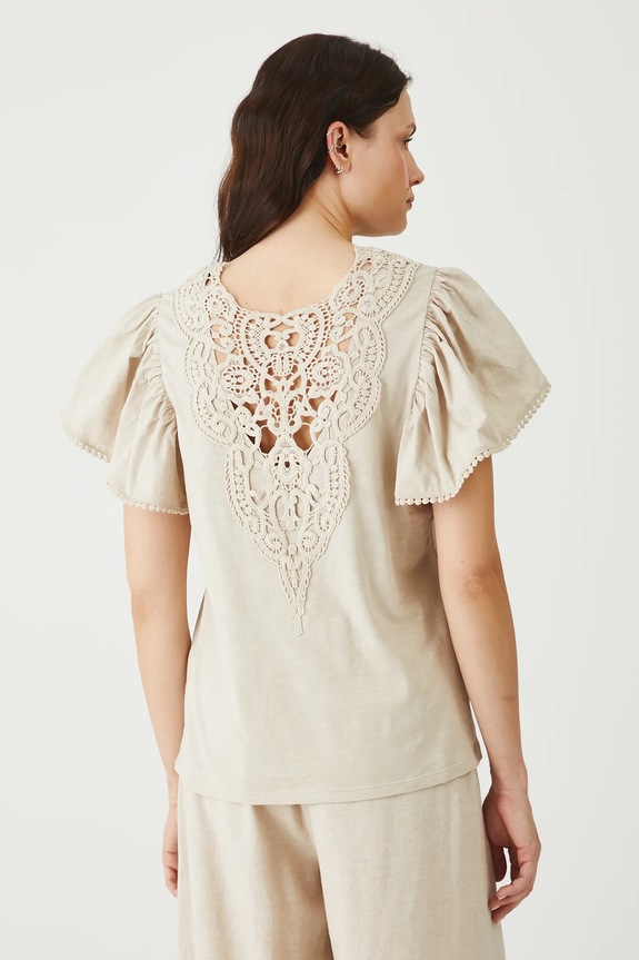 Odzież T-shirt bawełniany damski z ozdobną aplikacją kolor beżowy RS25-TSDB19 beżowy