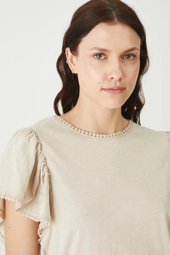 T-shirt bawełniany damski z ozdobną aplikacją kolor beżowy beżowy RS25-TSDB19