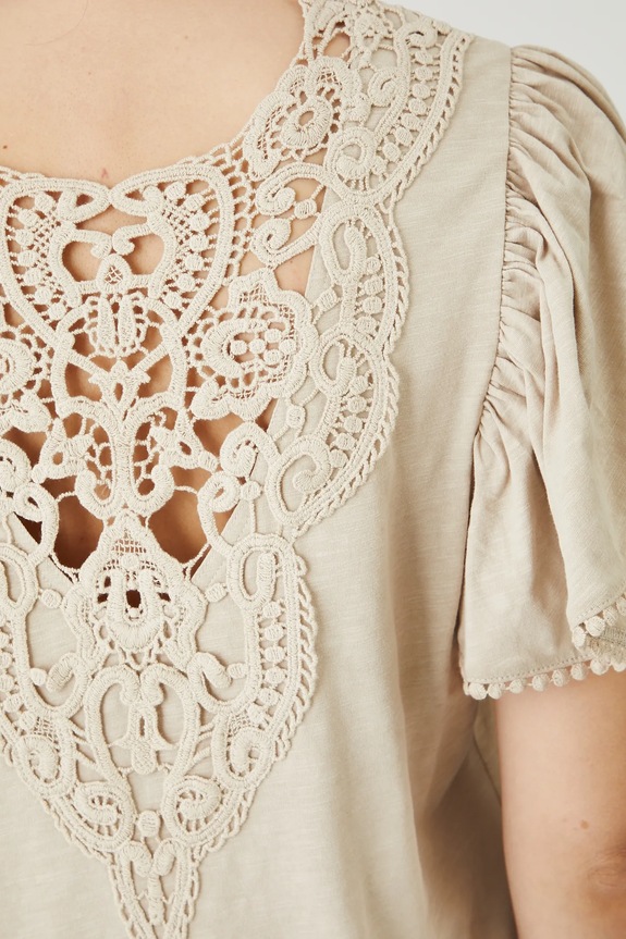 T-shirt bawełniany damski z ozdobną aplikacją kolor beżowy RS25-TSDB19 beżowy