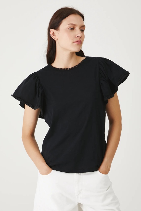 Odzież T-shirt bawełniany damski z ozdobną aplikacją kolor czarny RS25-TSDB19 czarny