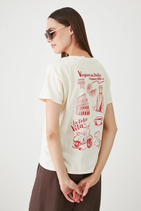 T-shirt bawełniany damski z nadrukiem i haftem kolor beżowy bawełna beżowy RS25-TSDB23