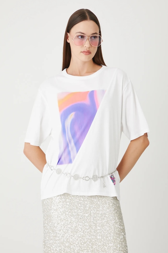 T-shirt bawełniany damski z nadrukami kolor biały okrągły biały RS25-TSDC02