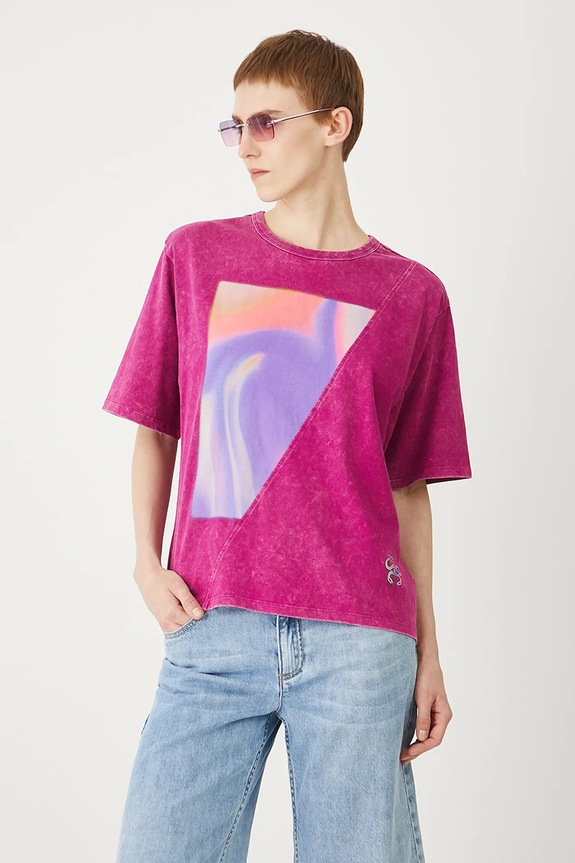 T-shirt bawełniany damski z nadrukami kolor fioletowy okrągły fioletowy RS25-TSDC02