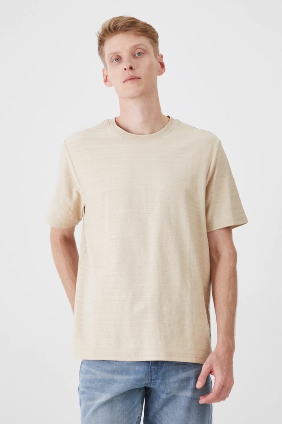 T-shirt bawełniany męski z fakturą kolor beżowy bawełna beżowy RS25-TSM023