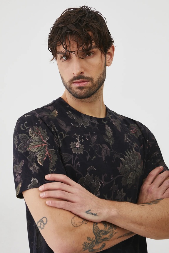 T-shirt bawełniany męski z elastanem wzorzysty kolor czarny czarny RS25-TSM056