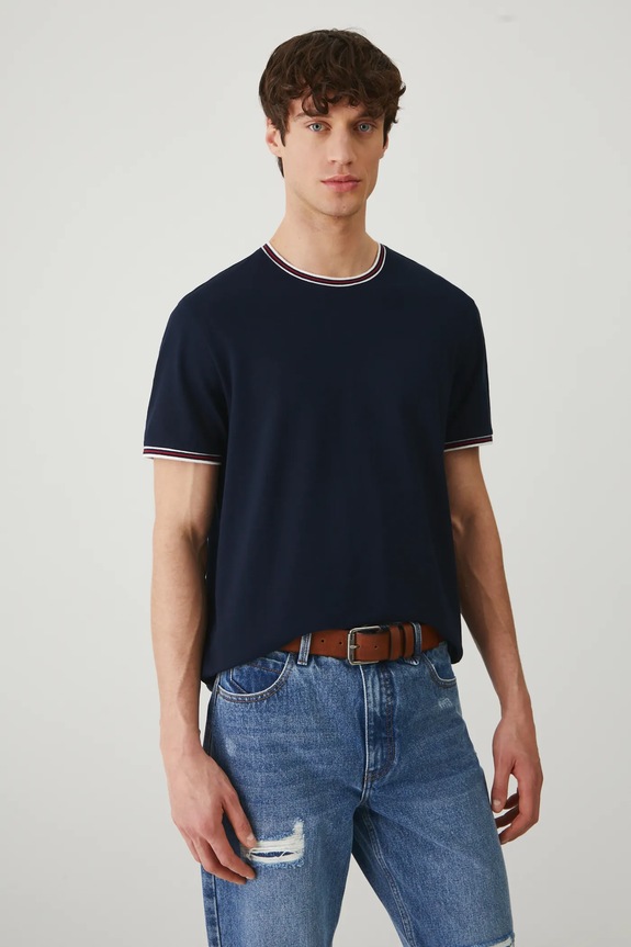 T-shirt bawełniany męski z elastanem z dzianiny strukturalnej kolor granatowy gładkie granatowy RS25-TSM070