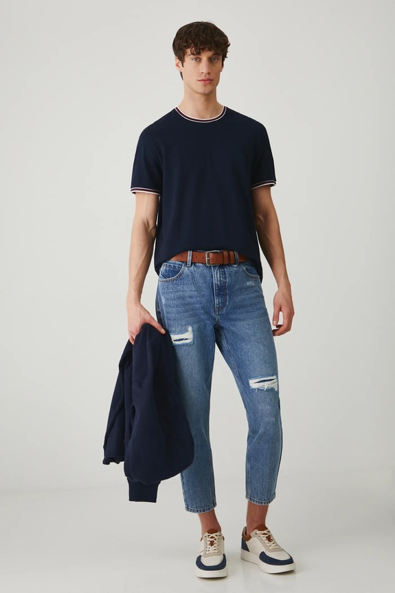 T-shirt bawełniany męski z elastanem z dzianiny strukturalnej kolor granatowy RS25-TSM070 granatowy RS25