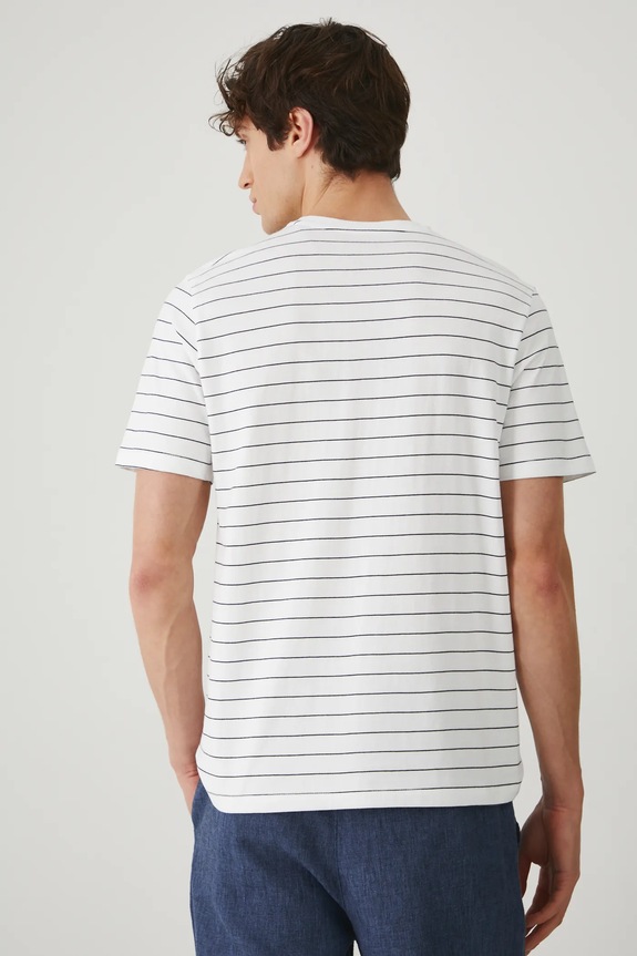 Odzież T-shirt bawełniany męski w pasy kolor beżowy RS25-TSM071 beżowy