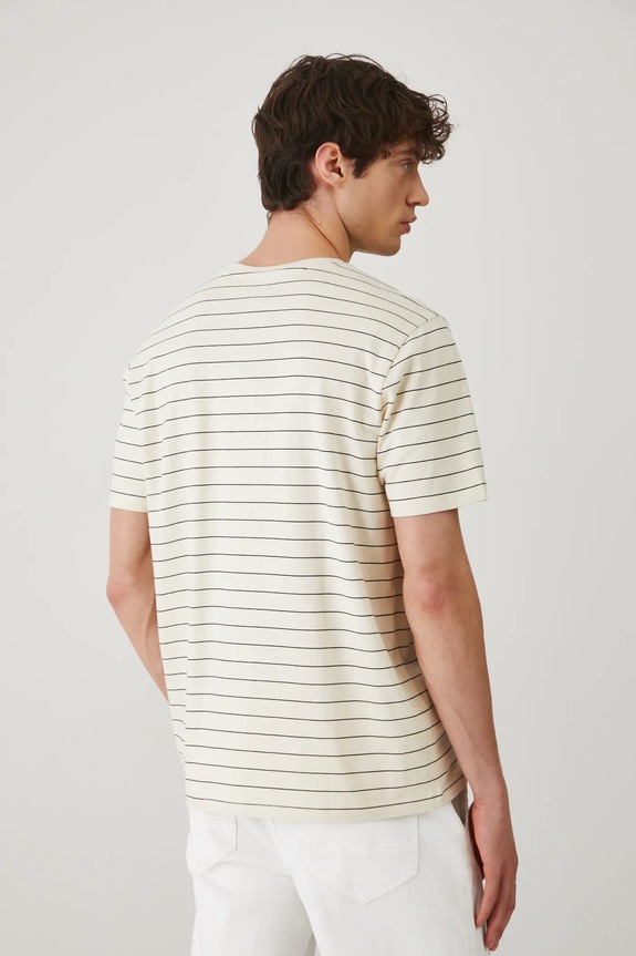 Odzież T-shirt bawełniany męski w pasy kolor beżowy RS25-TSM071 beżowy