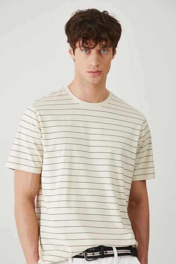T-shirt bawełniany męski w pasy kolor beżowy beżowy RS25-TSM071