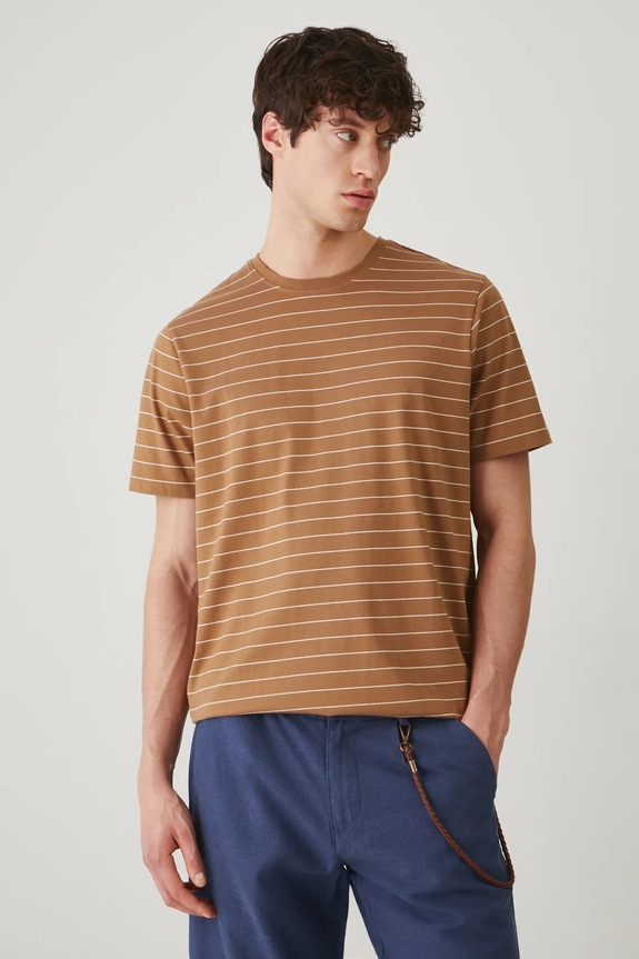 T-shirt bawełniany męski w pasy kolor brązowy bawełna brązowy RS25-TSM071