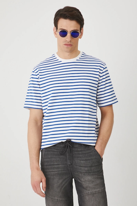 T-shirt bawełniany męski w pasy interlock kolor niebieski bawełna niebieski RS25-TSM072