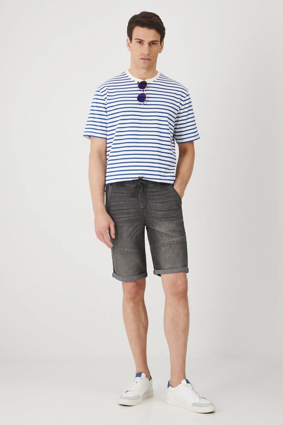 T-shirt bawełniany męski w pasy interlock kolor niebieski RS25-TSM072 niebieski RS25