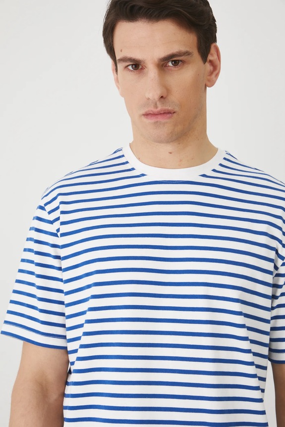 T-shirt bawełniany męski w pasy interlock kolor niebieski niebieski RS25-TSM072