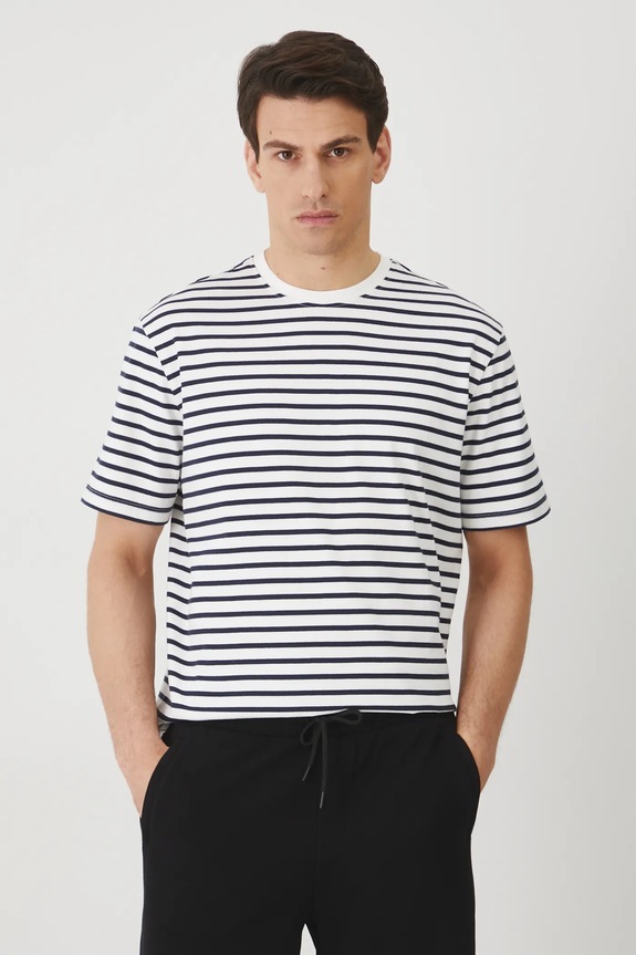 T-shirt bawełniany męski w pasy interlock kolor granatowy bawełna granatowy RS25-TSM072
