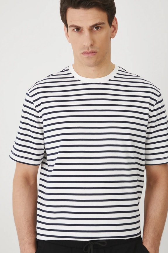 T-shirt bawełniany męski w pasy interlock kolor granatowy granatowy RS25-TSM072