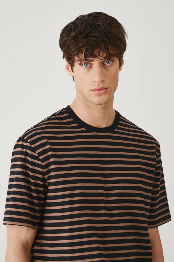 Bavlnené tričko pánske pásikavé interlock hnedá farba okrúhly hnedá RS25-TSM072