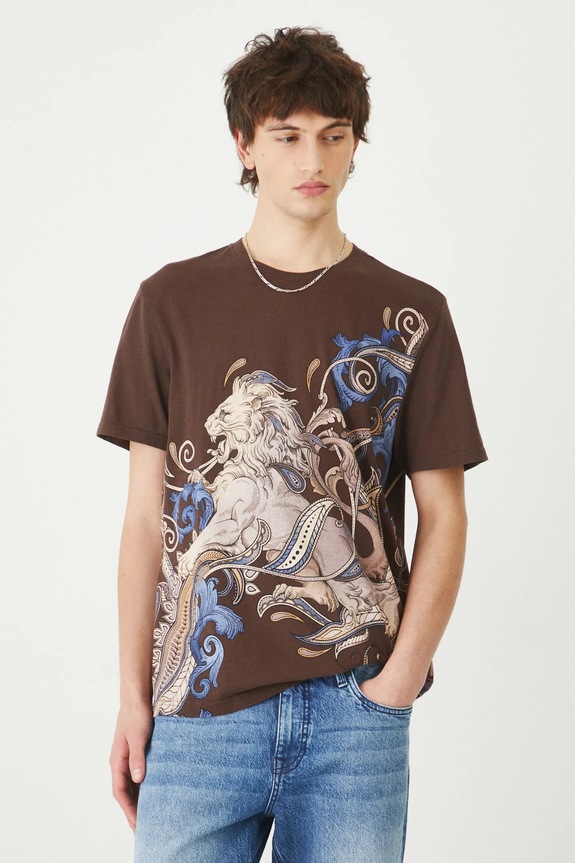 T-shirt bawełniany męski z nadrukiem kolor brązowy okrągły brązowy RS25-TSM302