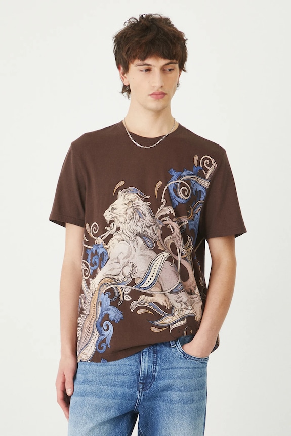 T-shirt bawełniany męski z nadrukiem kolor brązowy okrągły brązowy RS25-TSM302