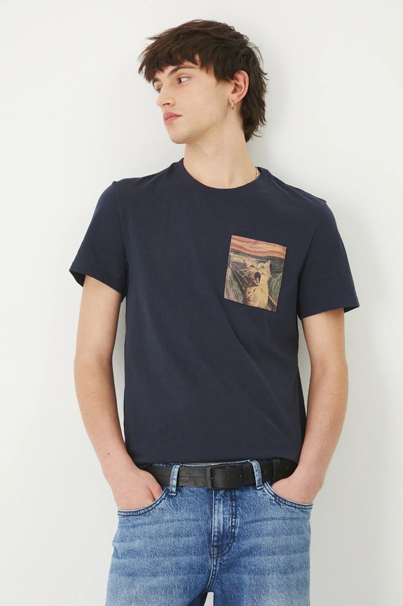 T-shirt bawełniany męski z kolekcji Dzień Kota kolor granatowy RS25-TSM351 granatowy RS25