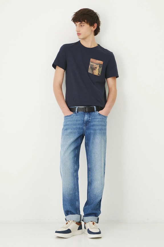 Odzież T-shirt bawełniany męski z kolekcji Dzień Kota kolor granatowy RS25-TSM351 granatowy