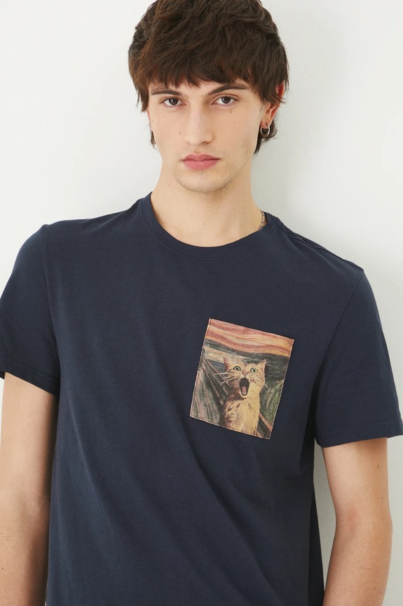 T-shirt bawełniany męski z kolekcji Dzień Kota kolor granatowy RS25-TSM351 granatowy