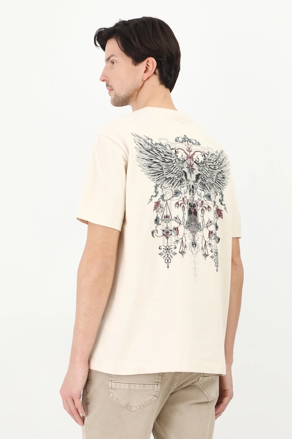 T-shirt bawełniany męski z nadrukiem kolor beżowy okrągły beżowy RS25-TSM408