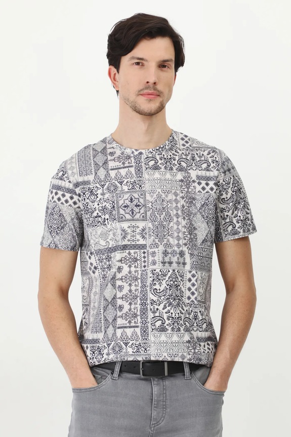 T-shirt bawełniany męski wzorzysty kolor beżowy bawełna beżowy RS25-TSM410