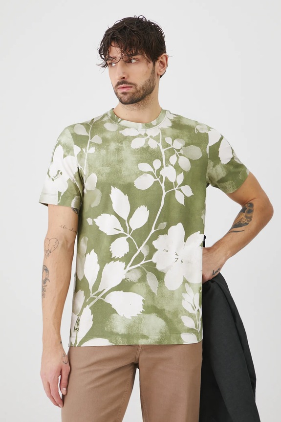 T-shirt bawełniany męski z elastanem wzorzysty kolor zielony wzorzyste zielony RS25-TSM501