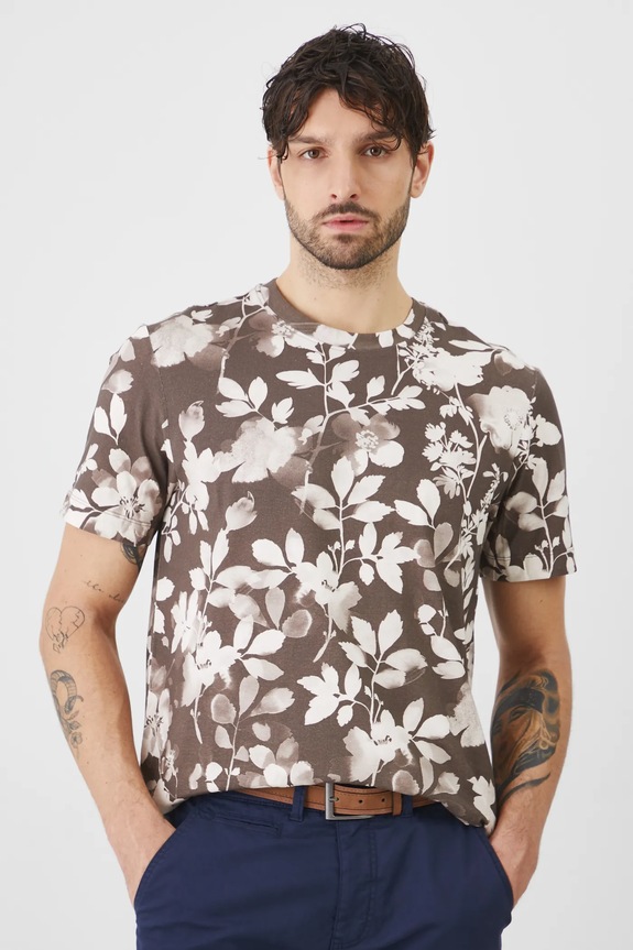 T-shirt bawełniany męski z elastanem wzorzysty kolor brązowy RS25-TSM501 brązowy RS25