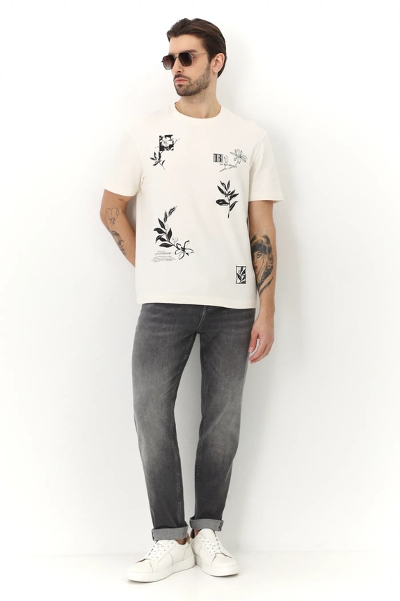 T-shirt bawełniany męski z nadrukiem kolor beżowy okrągły beżowy RS25-TSM510