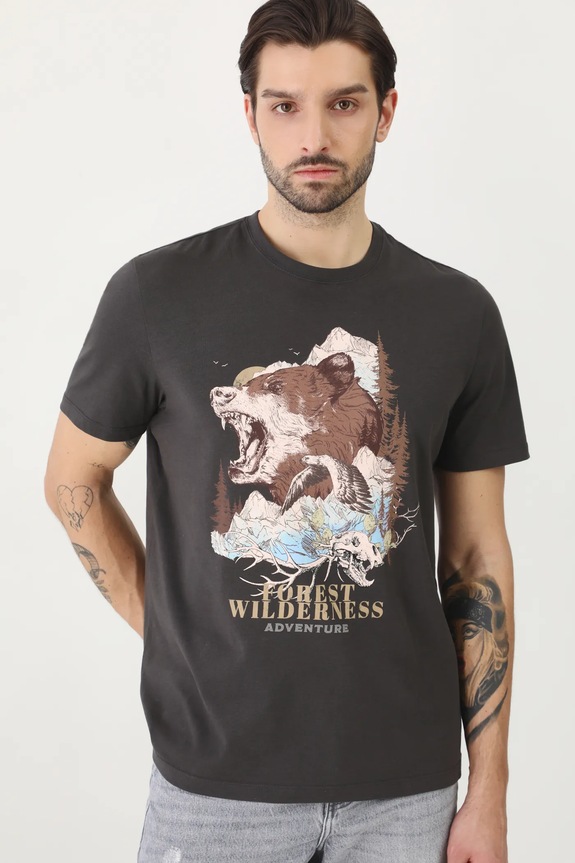 T-shirt bawełniany męski z nadrukiem kolor szary okrągły szary RS25-TSM522