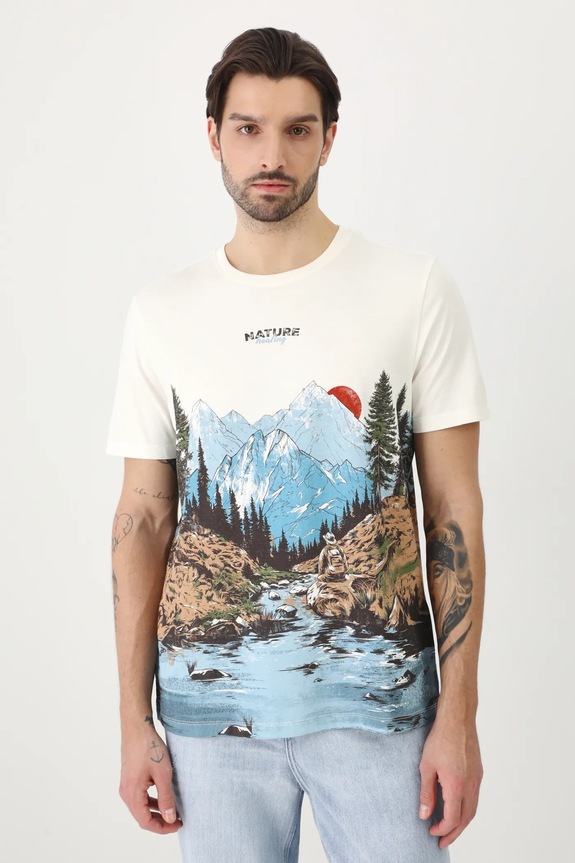 T-shirt bawełniany męski z nadrukiem kolor beżowy okrągły beżowy RS25-TSM523