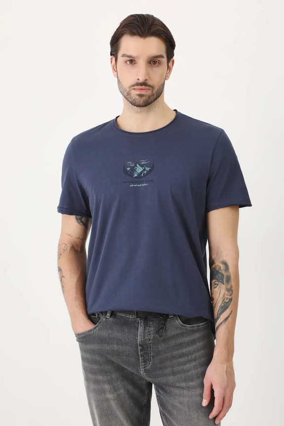 Odzież T-shirt bawełniany męski z nadrukiem kolor granatowy RS25-TSM524 granatowy