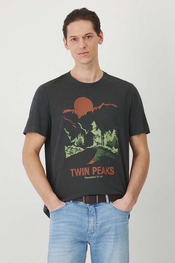 Bavlnené tričko pánske Twin Peaks šedá farba okrúhly sivá RS25.TSM675