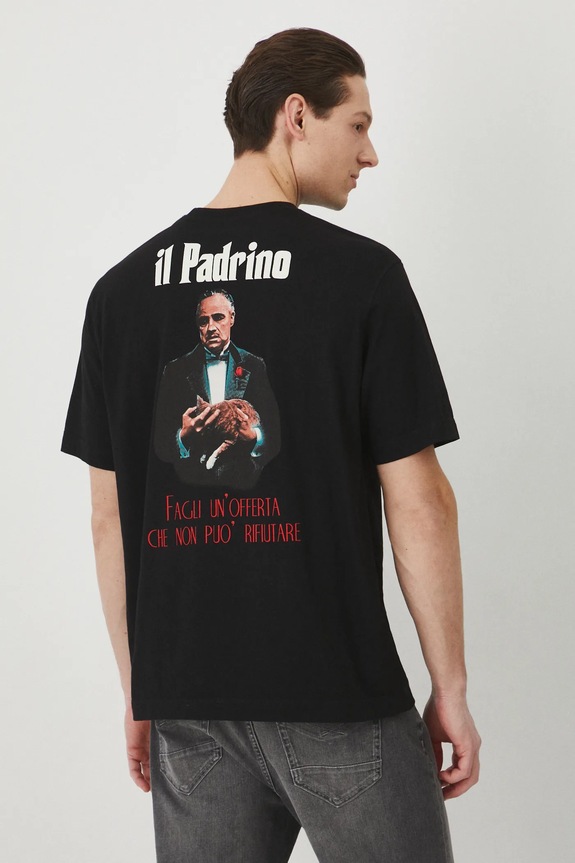 T-shirt bawełniany męski The Godfather kolor czarny okrągły czarny RS25-TSM676