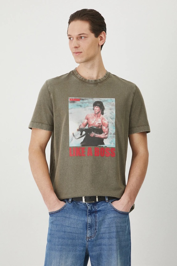 T-shirt bawełniany męski Rambo kolor zielony okrągły zielony RS25-TSM677
